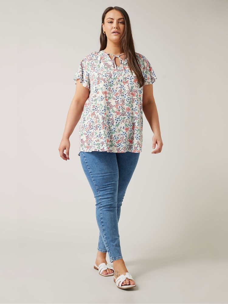 Evans Curve Floral Print Tie Neck White Blouse - Image 2 of 5