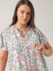 Evans Curve Floral Print Tie Neck White Blouse - Image 4 of 5