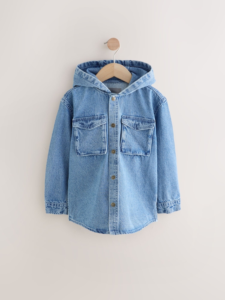 Blue Hooded Denim Long Sleeve 100% Cotton Shirt - Image 1 of 5