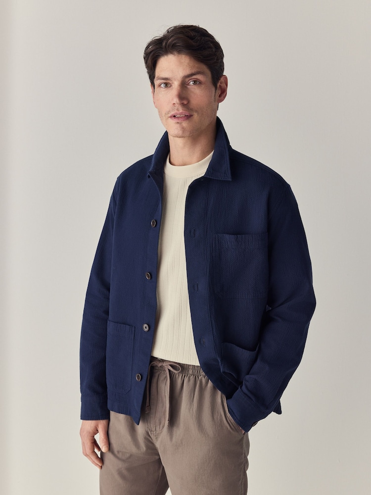 Navy Blue 100% Cotton Seersucker Shacket Overshirt - Image 1 of 9