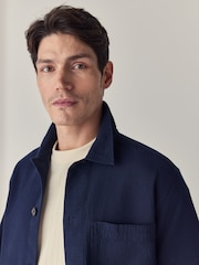 Navy Blue 100% Cotton Seersucker Shacket Overshirt - Image 4 of 9