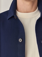 Navy Blue 100% Cotton Seersucker Shacket Overshirt - Image 5 of 9