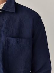 Navy Blue 100% Cotton Seersucker Shacket Overshirt - Image 6 of 9