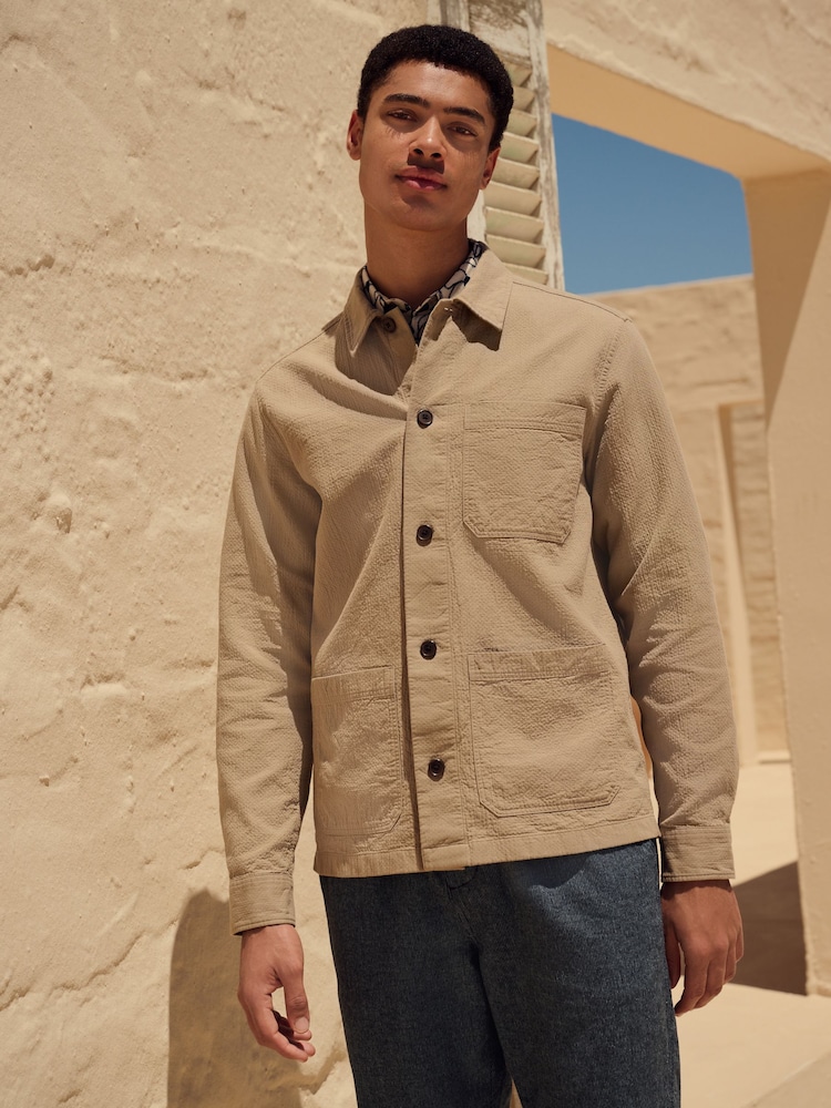 Stone 100% Cotton Seersucker Shacket Overshirt - Image 1 of 9