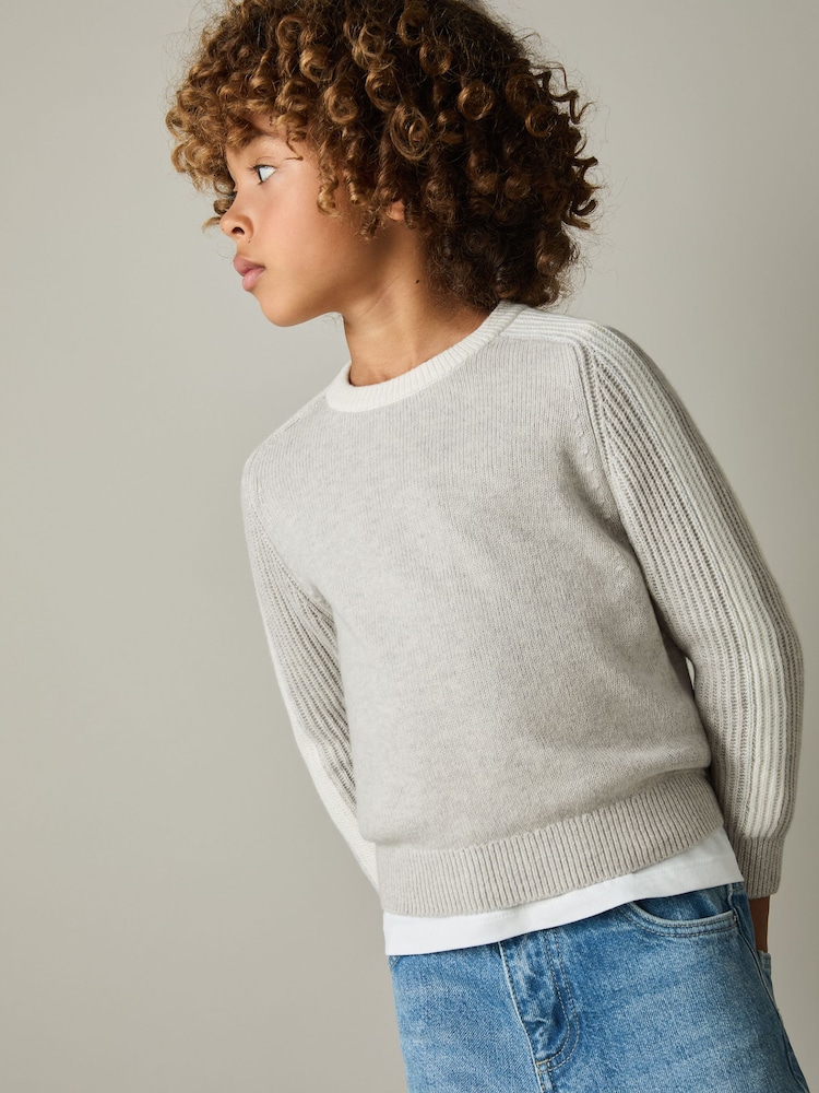 Reiss Grey/White Amis 4-9 yrs Ribbed-Sleeve Jumper with Cotton and Wool - Image 1 of 4