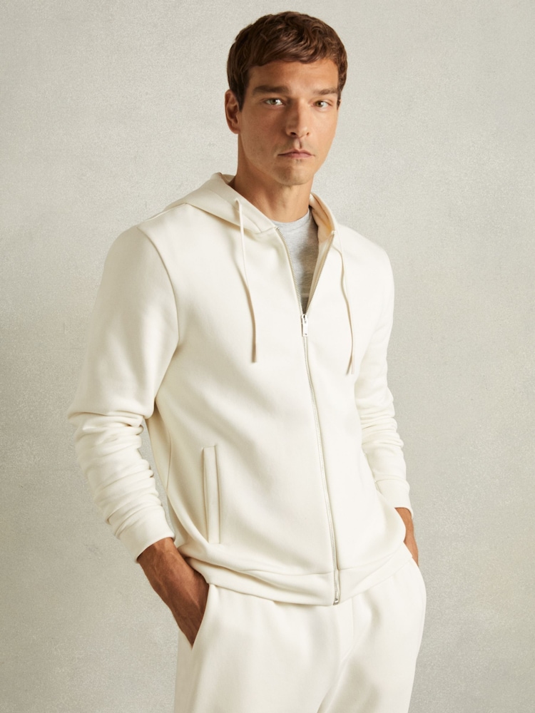 Reiss Off White Sutton Cotton-Blend Fleeceback-Jersey Zipped Hoodie - Image 1 of 5