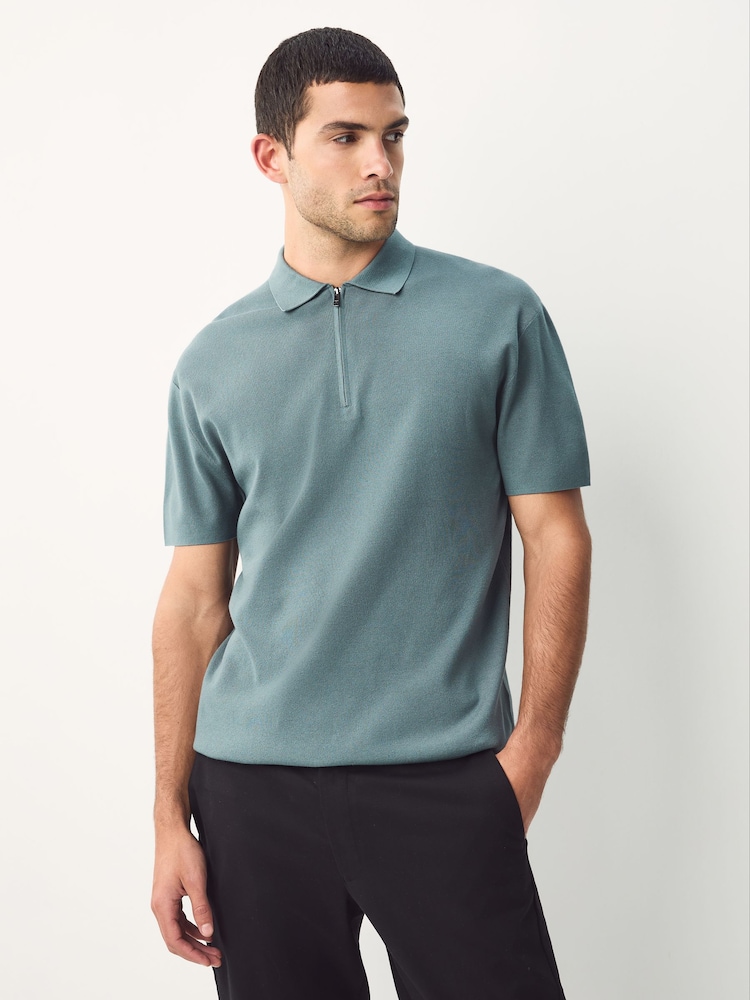 Blue Quarter Zip Relaxed Fit Premium Short Sleeve Knit Polo Shirt - Image 1 of 7 Blue Quarter Zip Relaxed Fit Premium Short Sleeve Knit Polo Shirt - Image 1 of 7