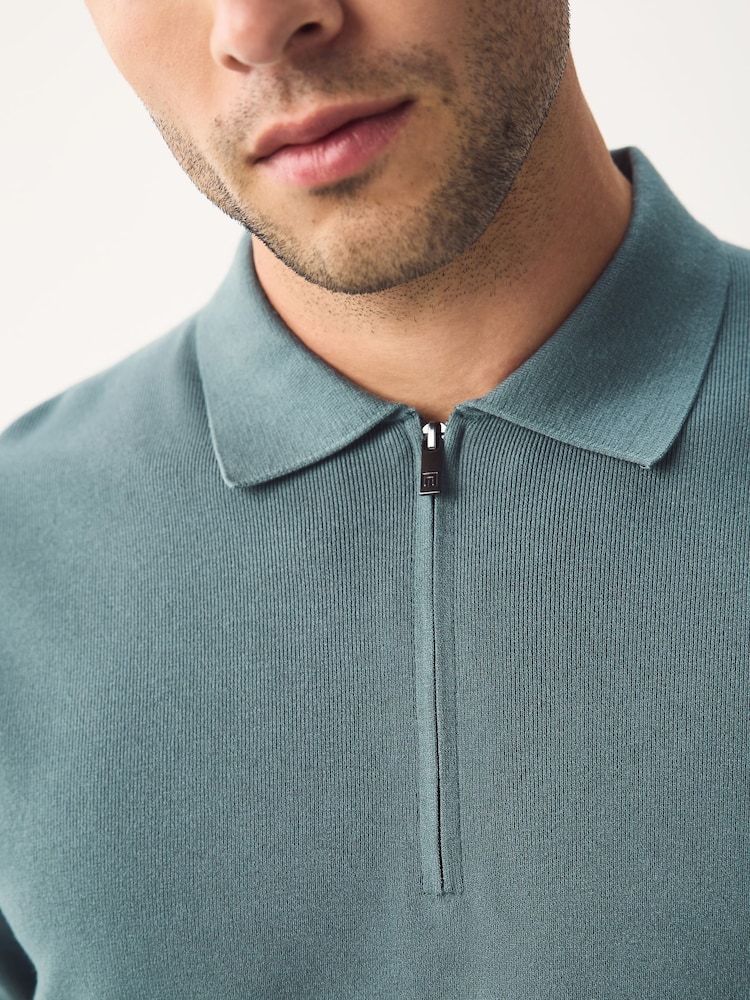 Blue Quarter Zip Relaxed Fit Premium Short Sleeve Knit Polo Shirt - Image 4 of 7
