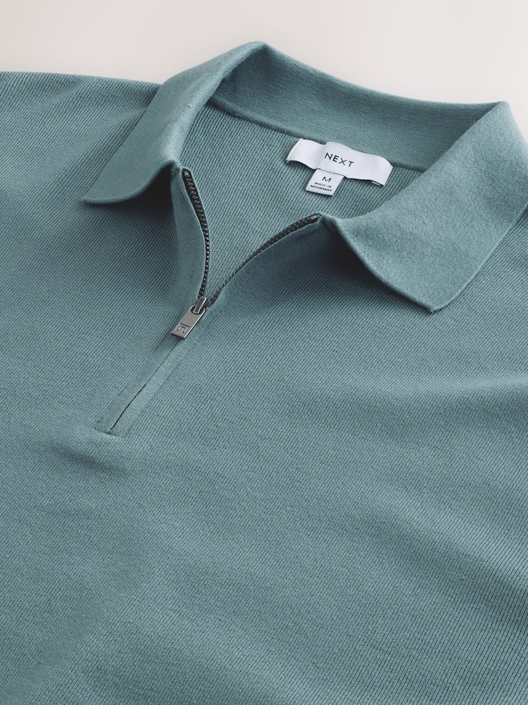 Blue Quarter Zip Relaxed Fit Premium Short Sleeve Knit Polo Shirt - Image 6 of 7