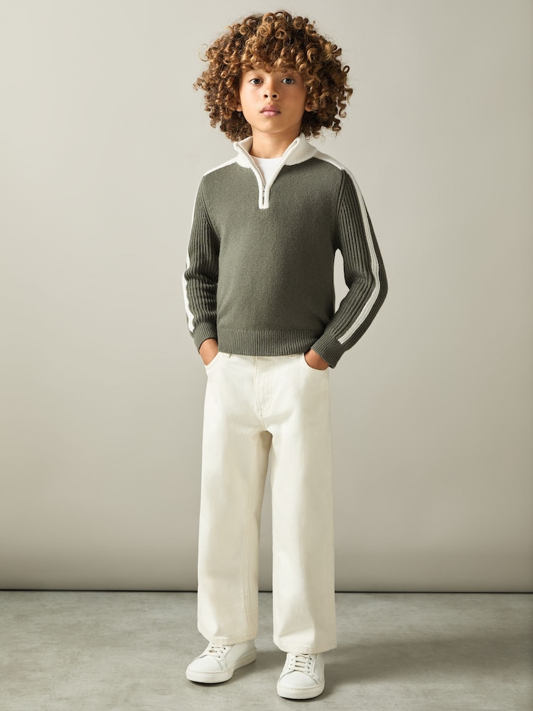 Reiss Sage/White Carnellis 9-13 yrs Zipped Funnel-Neck Jumper with Wool and Cotton - Image 1 of 4