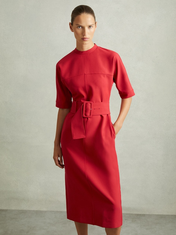 Reiss Red Naya Belted Midi Dress - Image 1 of 6