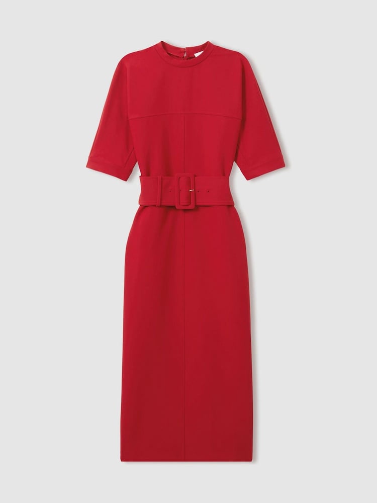 Reiss Red Naya Belted Midi Dress - Image 2 of 6 Reiss Red Naya Belted Midi Dress - Image 2 of 6