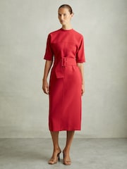 Reiss Red Naya Belted Midi Dress - Image 3 of 6