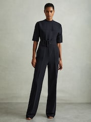 Reiss Navy June Wide Leg Belted Jumpsuit - Image 1 of 5
