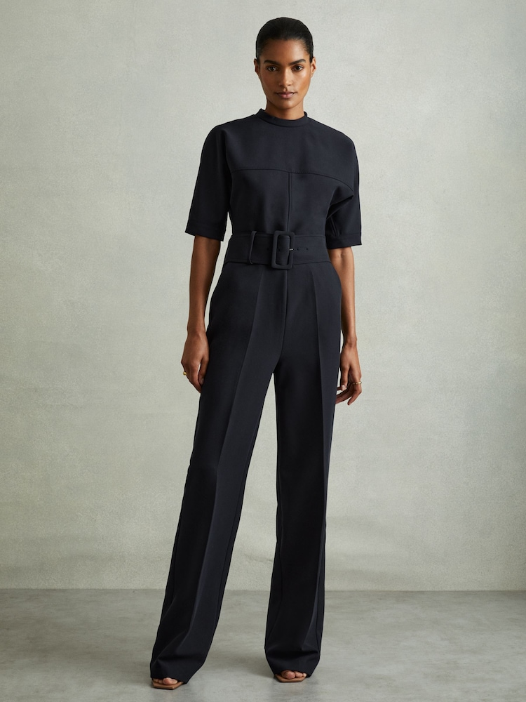 Reiss Navy June Wide Leg Belted Jumpsuit - Image 1 of 5