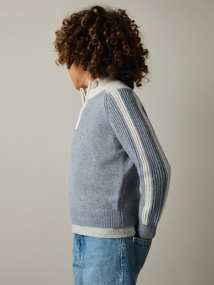 Reiss Blue/White Carnellis 9-13 yrs Zipped Funnel-Neck Jumper with Wool and Cotton - Image 1 of 4