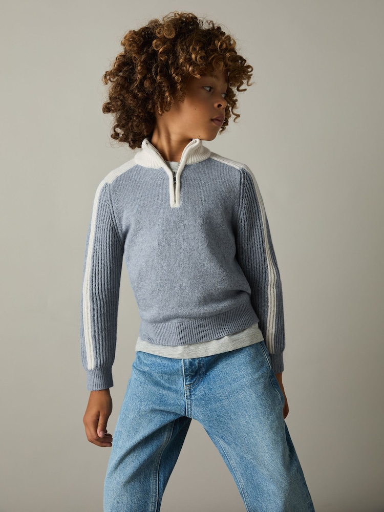 Reiss Blue/White Carnellis 3-9 yrs Zipped Funnel-Neck Jumper with Wool and Cotton - Image 1 of 4
