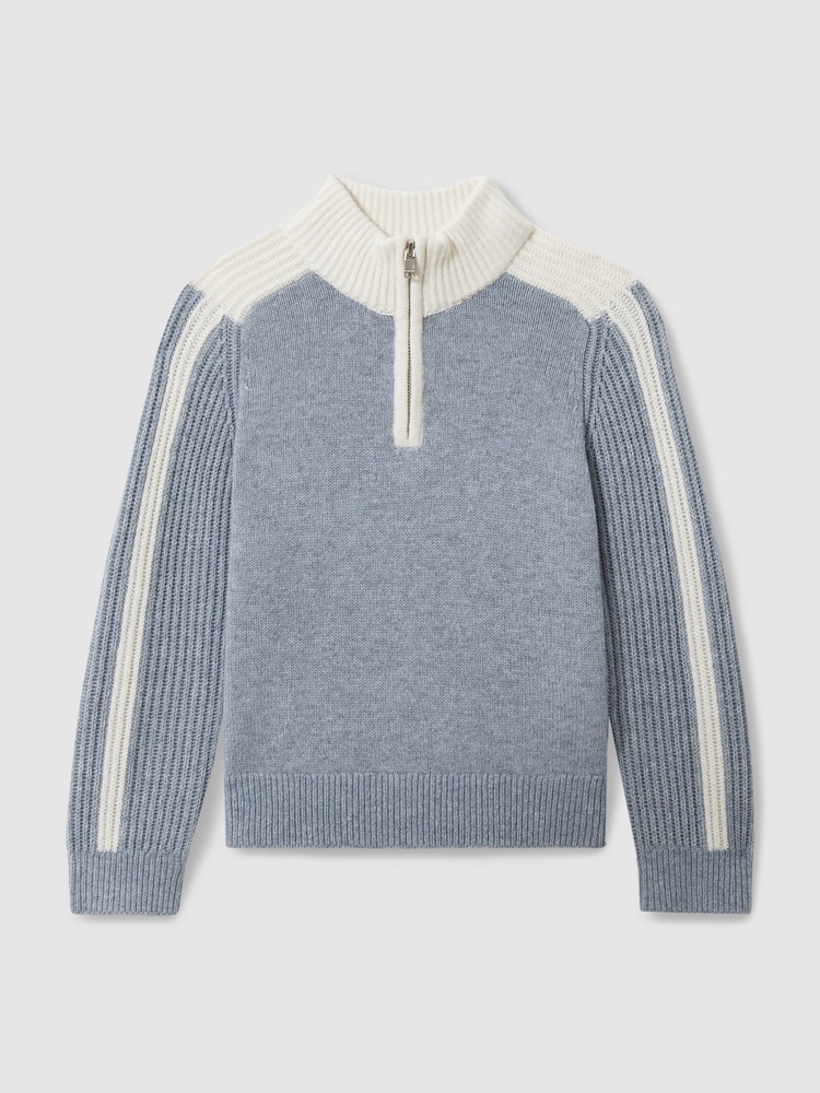 Reiss Blue/White Carnellis 3-9 yrs Zipped Funnel-Neck Jumper with Wool and Cotton - Image 2 of 4