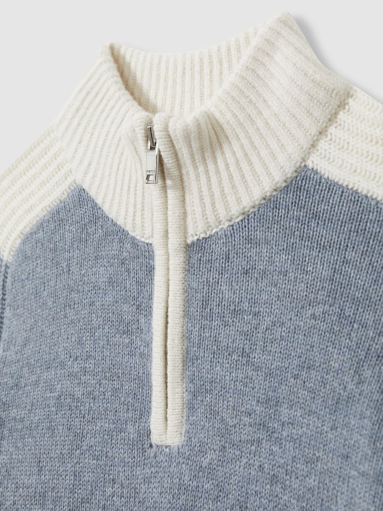 Reiss Blue/White Carnellis 3-9 yrs Zipped Funnel-Neck Jumper with Wool and Cotton - Image 4 of 4