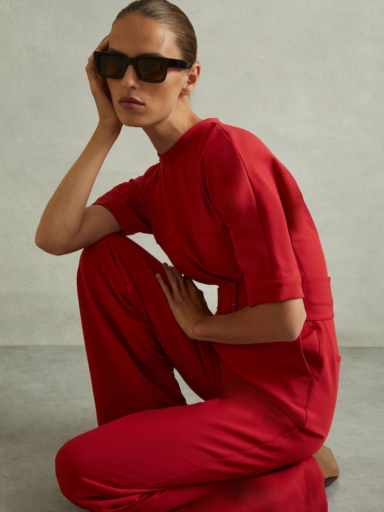 Reiss Red June Wide Leg Belted Jumpsuit - Image 1 of 7