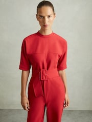 Reiss Red June Wide Leg Belted Jumpsuit - Image 4 of 7