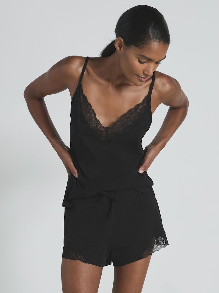 Reiss Black Demi Lace-Trimmed Jersey Camisole with Cotton and Modal - Image 1 of 5