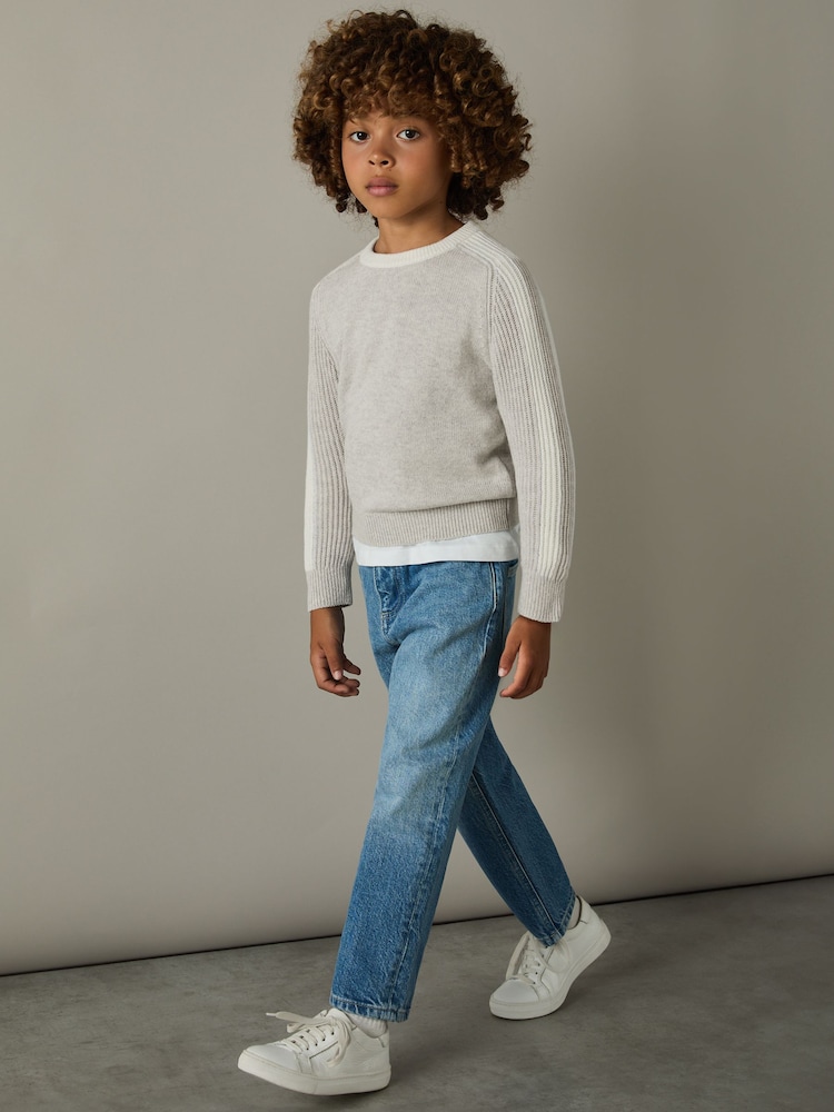 Reiss Grey/White Amis 9-13 yrs Ribbed-Sleeve Jumper with Cotton and Wool - Image 1 of 4