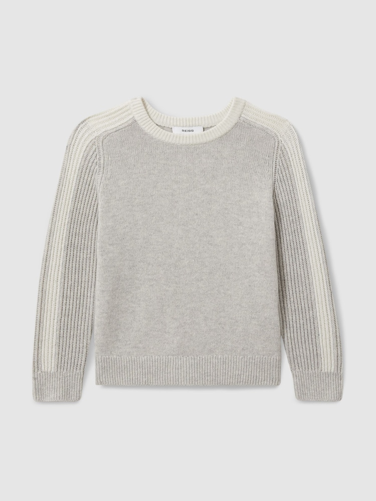 Reiss Grey/White Amis 9-13 yrs Ribbed-Sleeve Jumper with Cotton and Wool - Image 2 of 4
