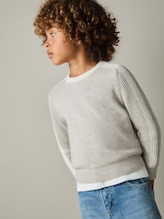 Reiss Grey/White Amis 9-13 yrs Ribbed-Sleeve Jumper with Cotton and Wool - Image 3 of 4
