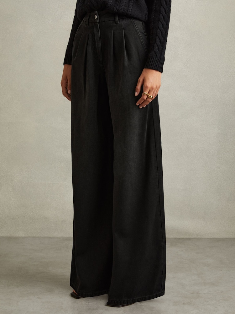 Reiss Black Raymond Petite Double Pleat Wide Leg Jeans - Image 1 of 7