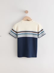 Navy Taupe Stripe Crew 100% Cotton T-Shirt - Image 2 of 4
