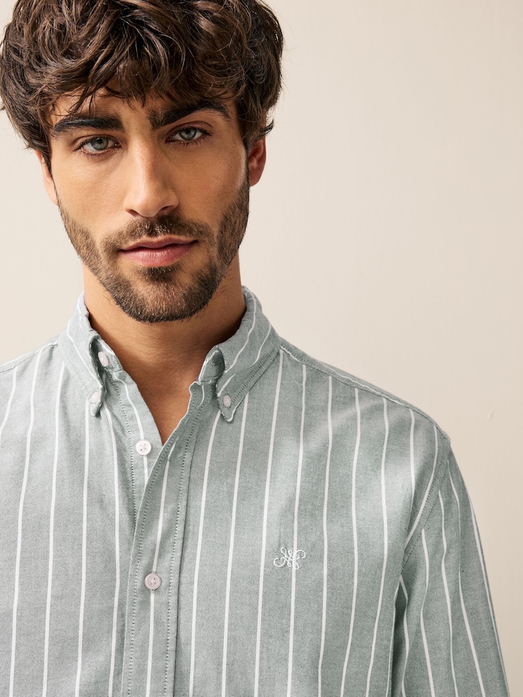 Green 100% Cotton Stripe Long Sleeve Oxford Shirt - Image 1 of 9