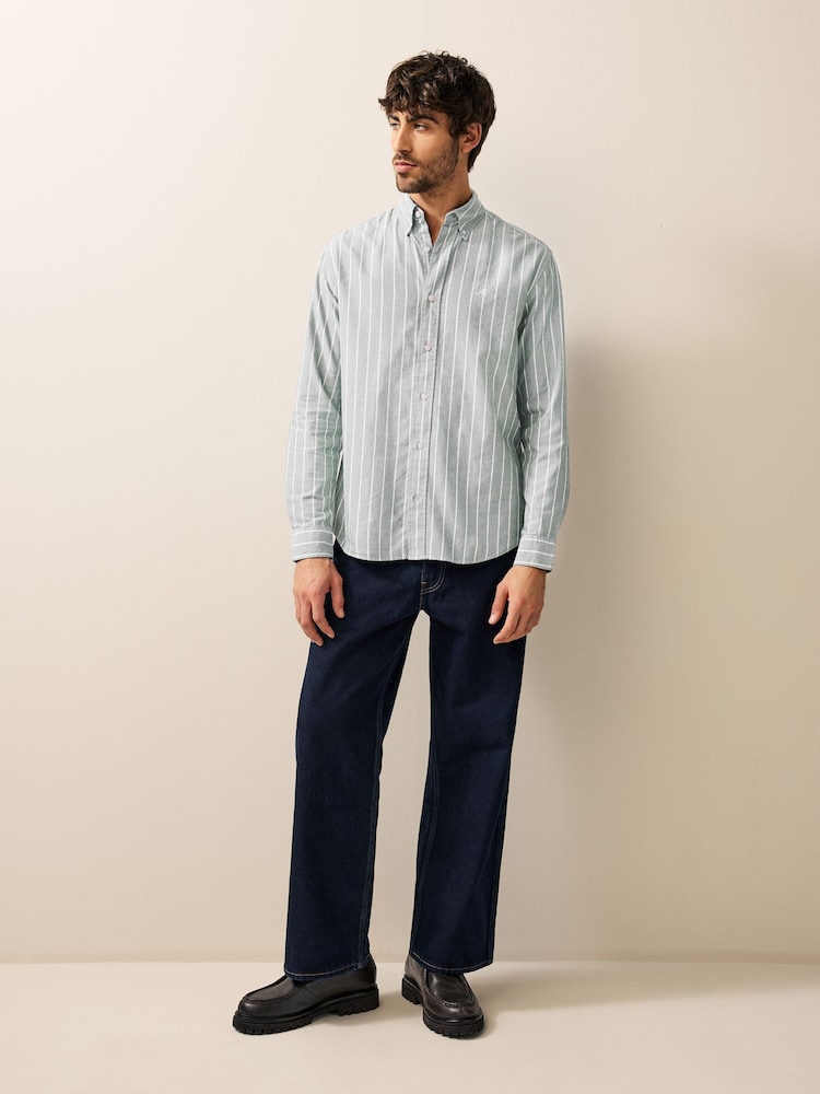 Green 100% Cotton Stripe Long Sleeve Oxford Shirt - Image 6 of 9