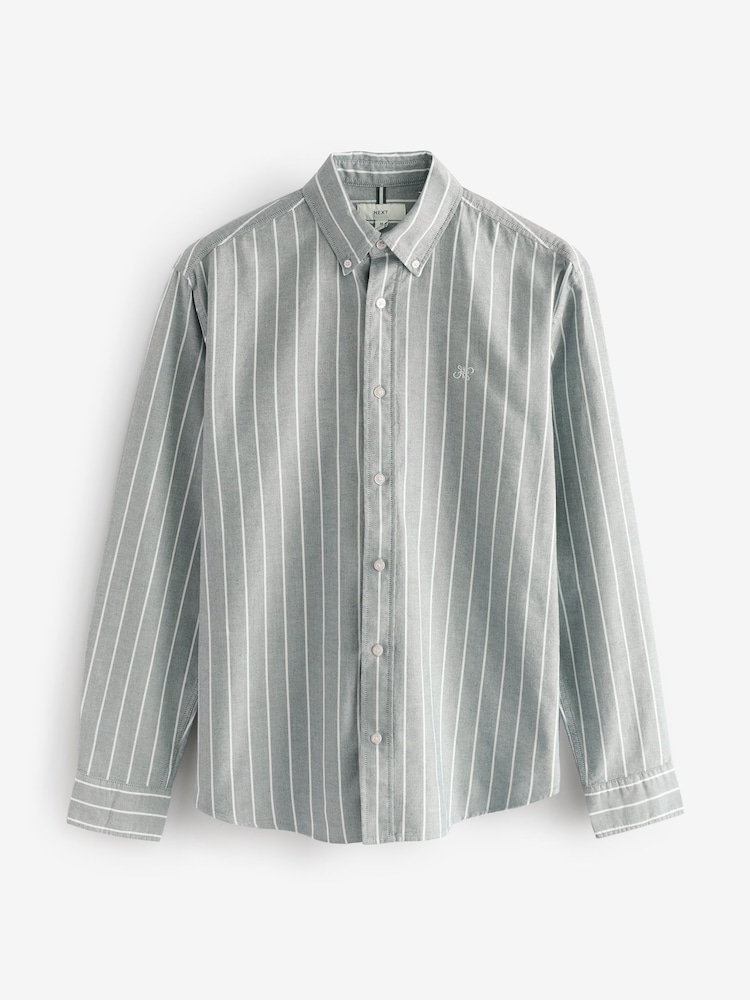 Green 100% Cotton Stripe Long Sleeve Oxford Shirt - Image 7 of 9