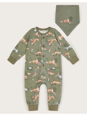 Monsoon Green Newborn Fox Print 100% Cotton Romper and Bib Set - Image 1 of 3