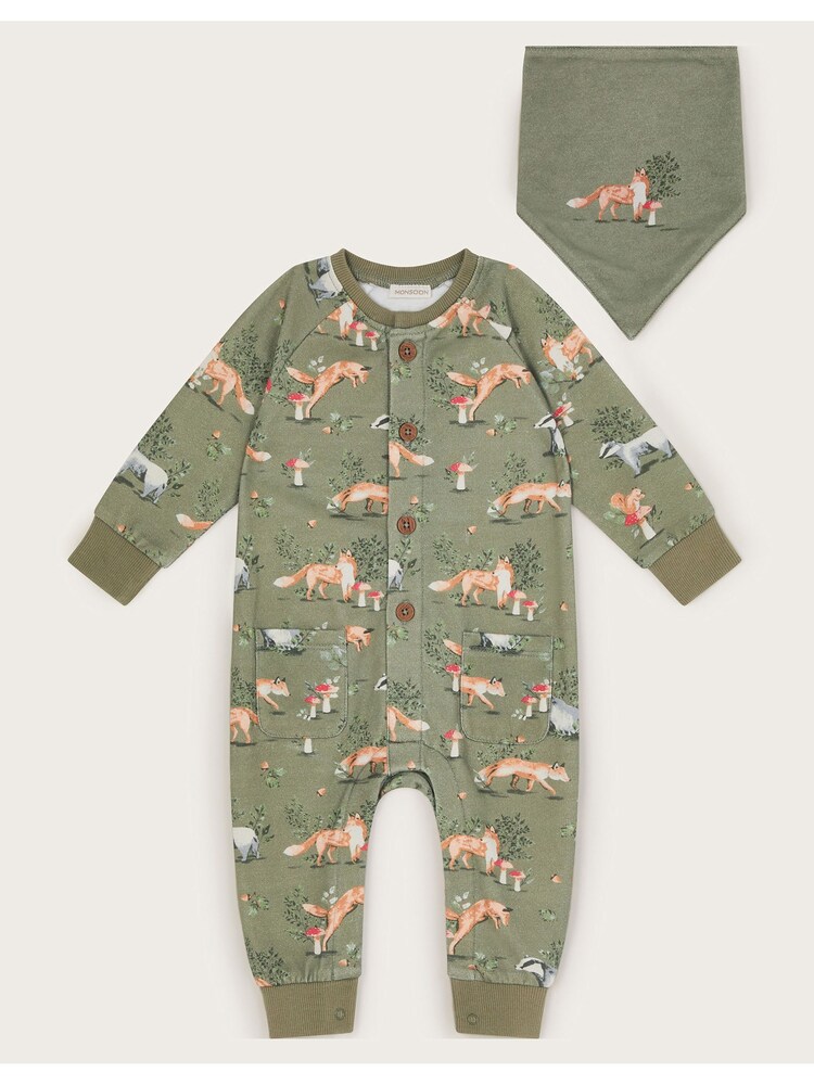 Monsoon Green Newborn Fox Print 100% Cotton Romper and Bib Set - Image 1 of 3