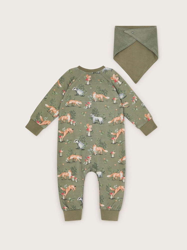 Monsoon Green Newborn Fox Print 100% Cotton Romper and Bib Set - Image 2 of 3