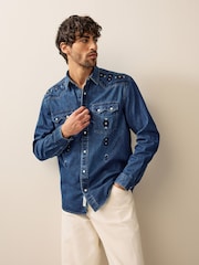 Blue Long Sleeve 100% Cotton Embroidered Western Shirt - Image 1 of 9