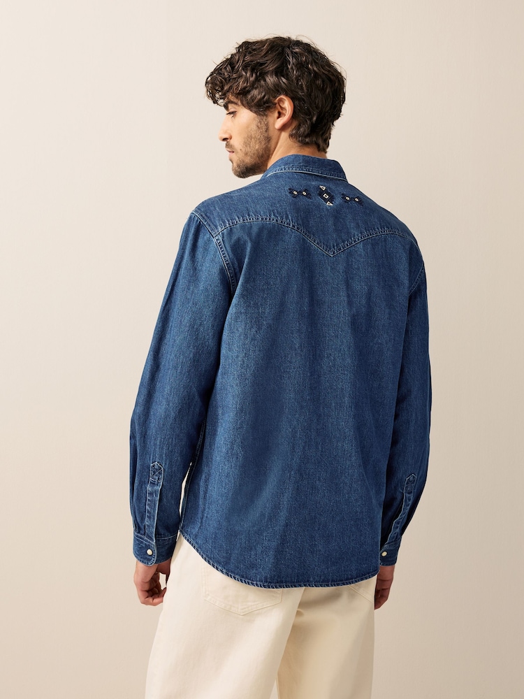 Blue Long Sleeve 100% Cotton Embroidered Western Shirt - Image 2 of 9