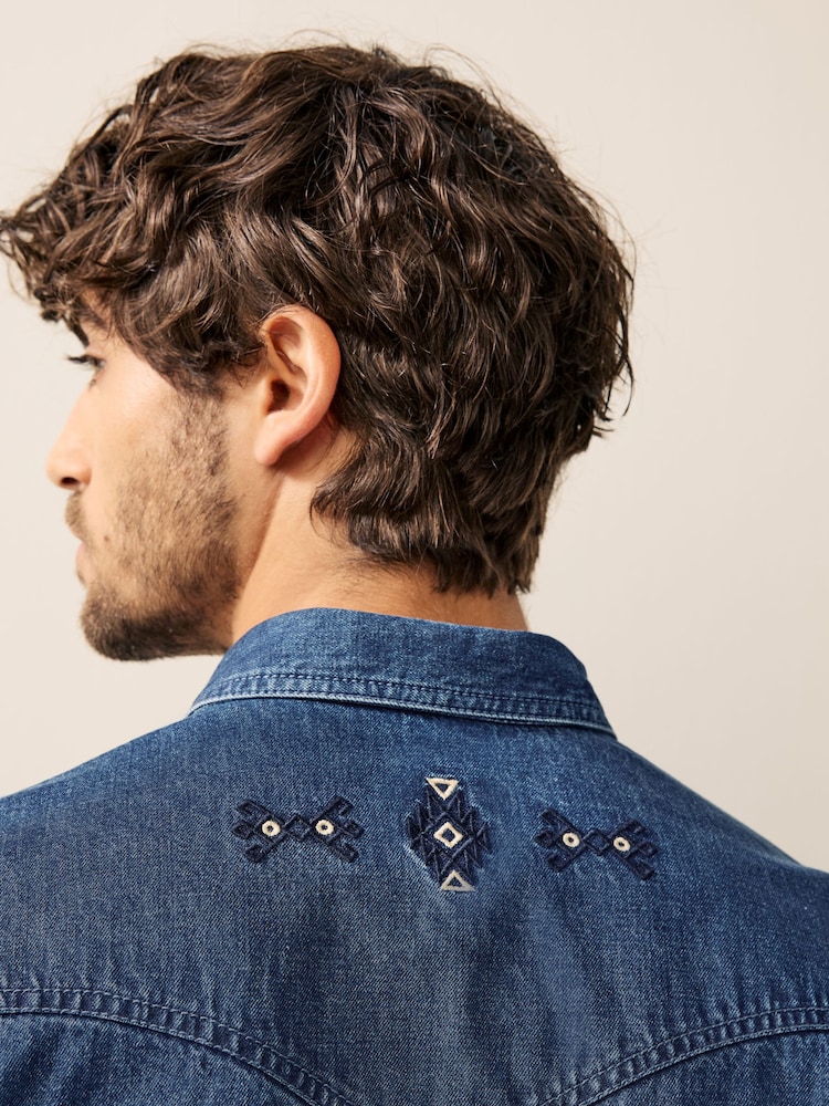 Blue Long Sleeve 100% Cotton Embroidered Western Shirt - Image 3 of 9