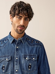 Blue Long Sleeve 100% Cotton Embroidered Western Shirt - Image 4 of 9