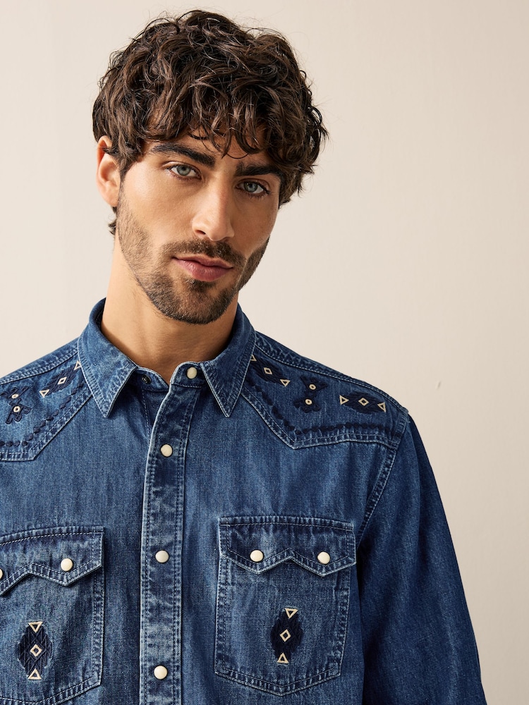 Blue Long Sleeve 100% Cotton Embroidered Western Shirt - Image 4 of 9