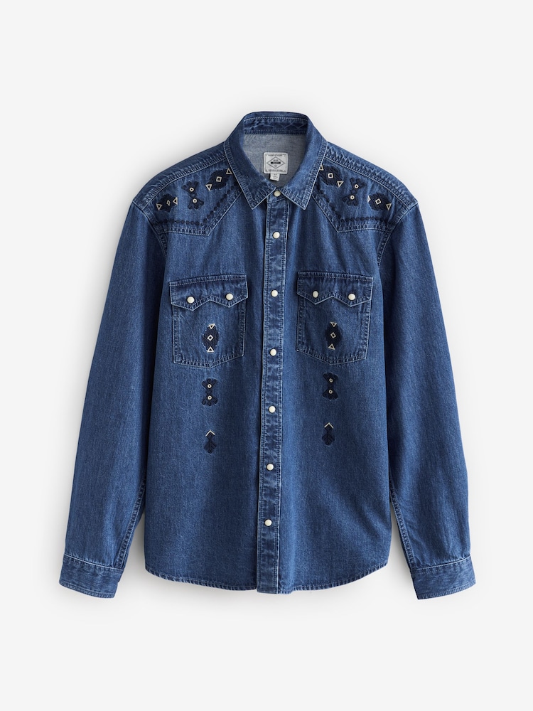 Blue Long Sleeve 100% Cotton Embroidered Western Shirt - Image 7 of 9
