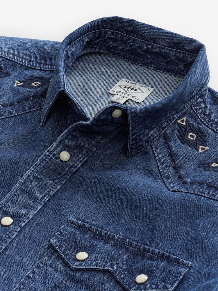 Blue Long Sleeve 100% Cotton Embroidered Western Shirt - Image 9 of 9