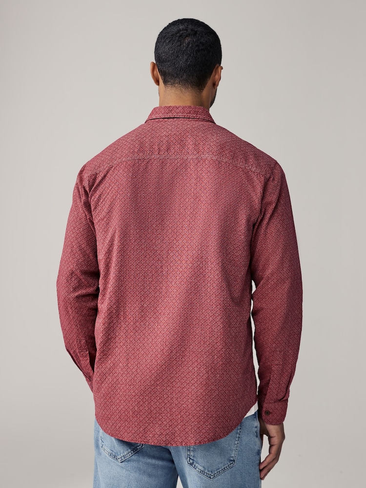Red Twin Pocket Textured Long Sleeve 100% Cotton Shirt - Image 3 of 9