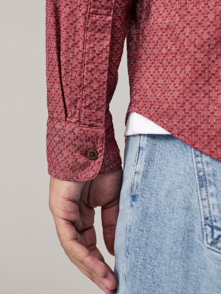 Red Twin Pocket Textured Long Sleeve 100% Cotton Shirt - Image 5 of 9
