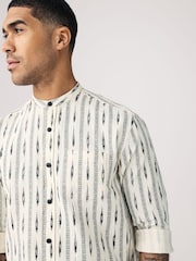 White Long Sleeve 100% Cotton Printed Shirt with Grandad Collar - Image 1 of 8