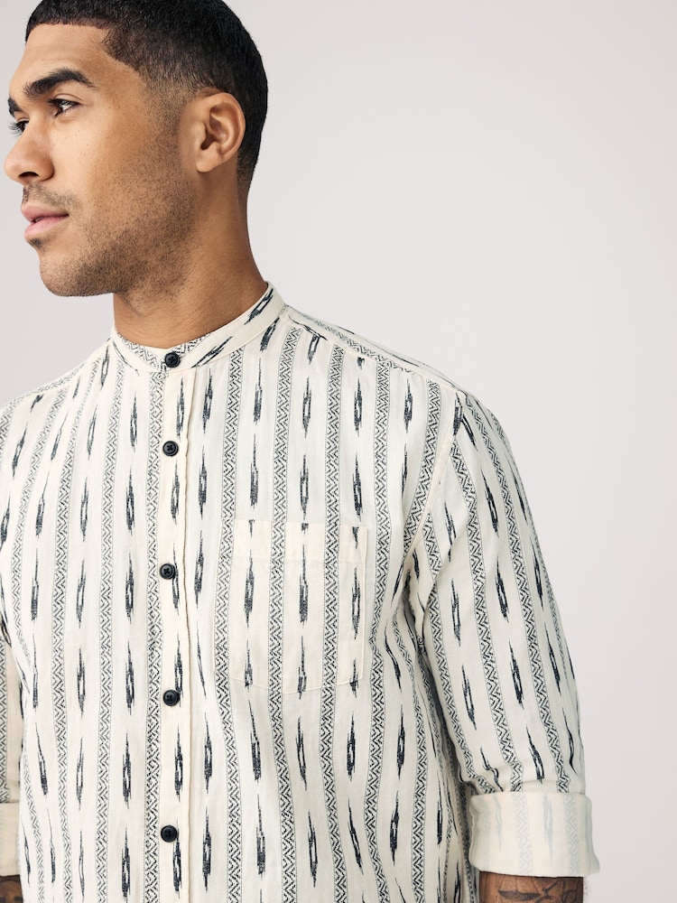 White Long Sleeve 100% Cotton Printed Shirt with Grandad Collar - Image 1 of 8