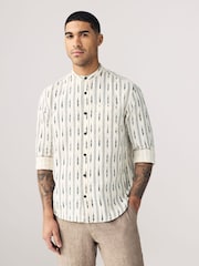 White Long Sleeve 100% Cotton Printed Shirt with Grandad Collar - Image 3 of 8