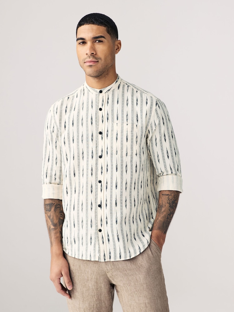 White Long Sleeve 100% Cotton Printed Shirt with Grandad Collar - Image 3 of 8